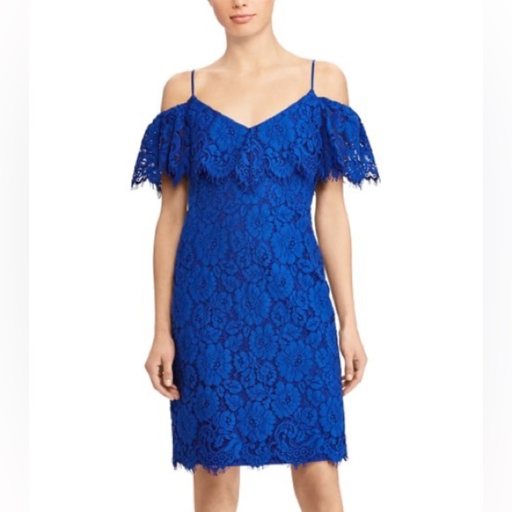 NWT Lauren Ralph Lauren | Blue Floral-Lace Off-Shoulder Dress Size 12p‎